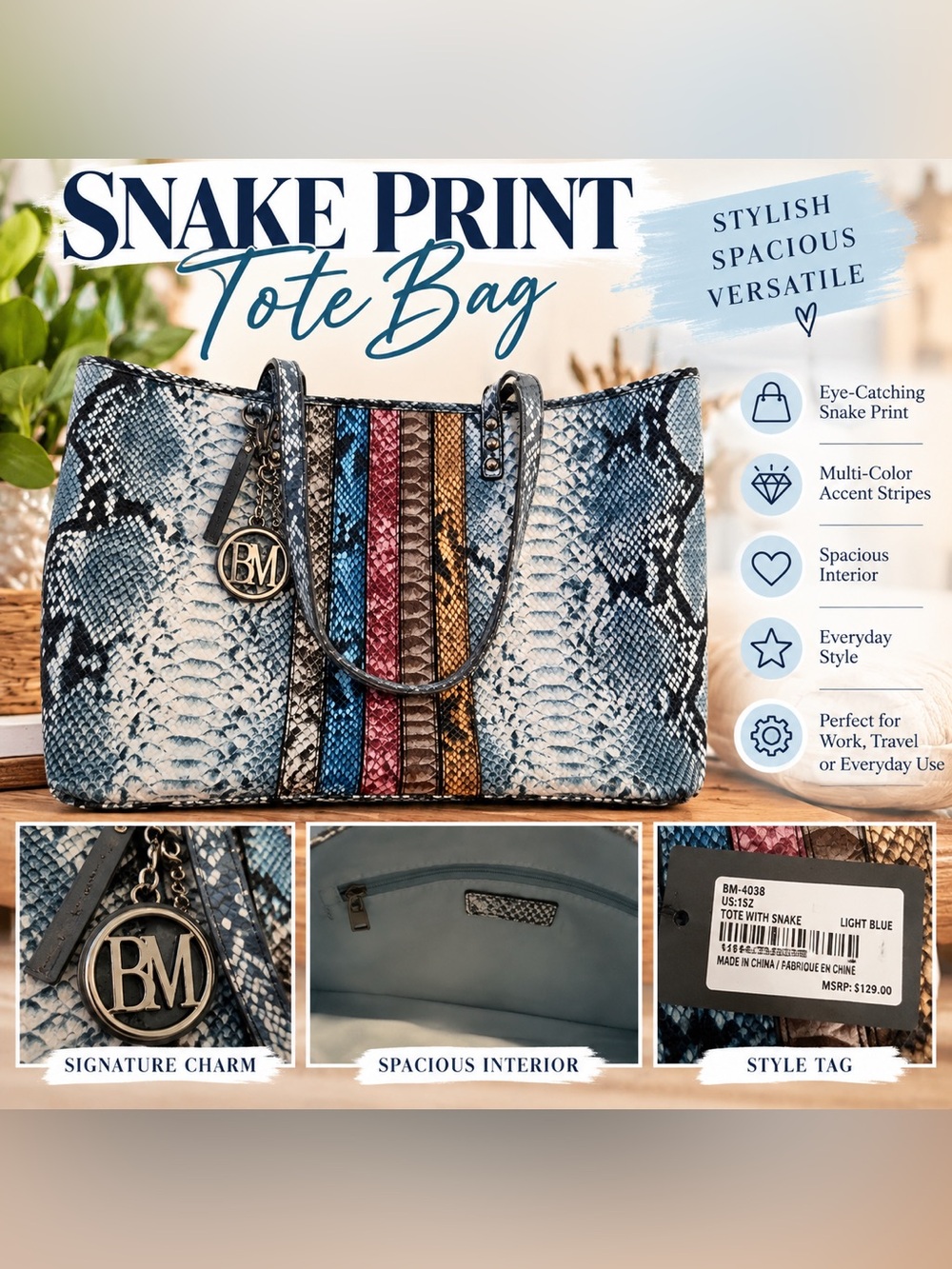 ๐ New Light Blue Snake Print Tote Bag โ Multicolor Stripe Detail